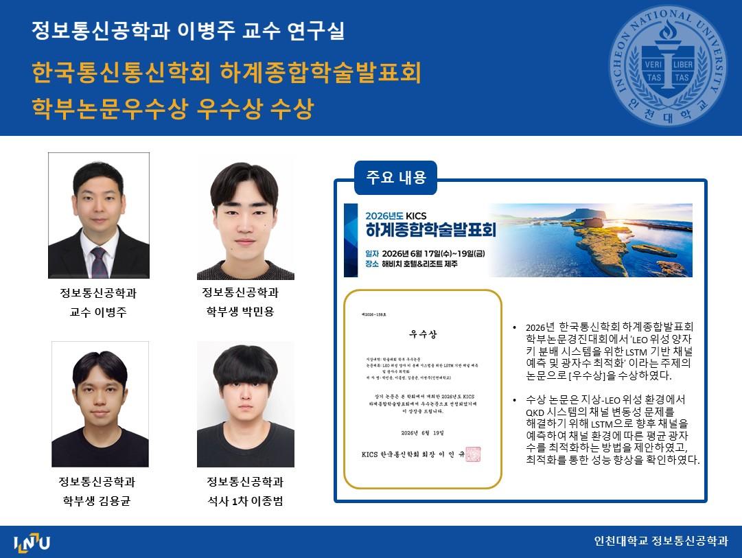 이병주 교수실(박민용, 김용균, 이종범) 한국통신학회 하계종합학술발표회 학부논문우수상 우수상 수상 대표이미지